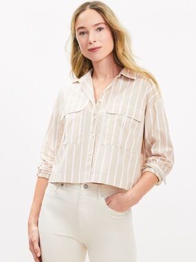 Loft Striped  Button-Front Crop Shirt - Beige/White